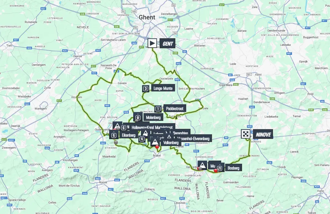 Mapa Omloop Het Nieuwsblad 2025