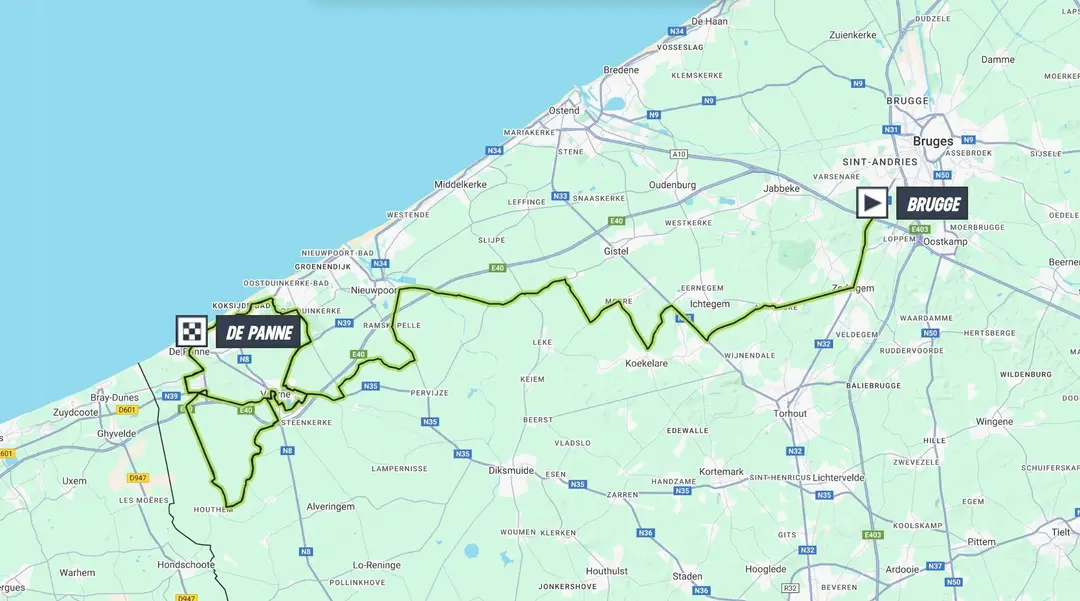 Mapa da Clássica Brugge-De Panne 2025