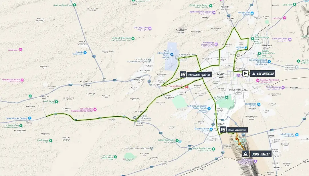 Map of stage 6 of the 2026 UAE Tour