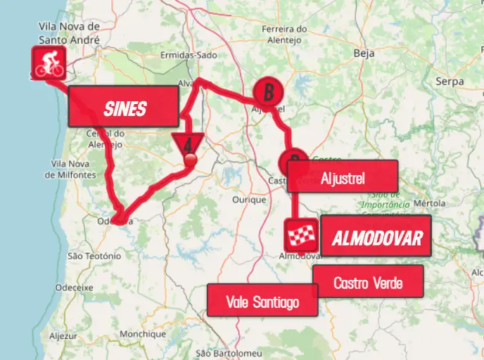 &nbsp;Mapa 1ª etapa » Sines > Almodôvar - 173,7 kms