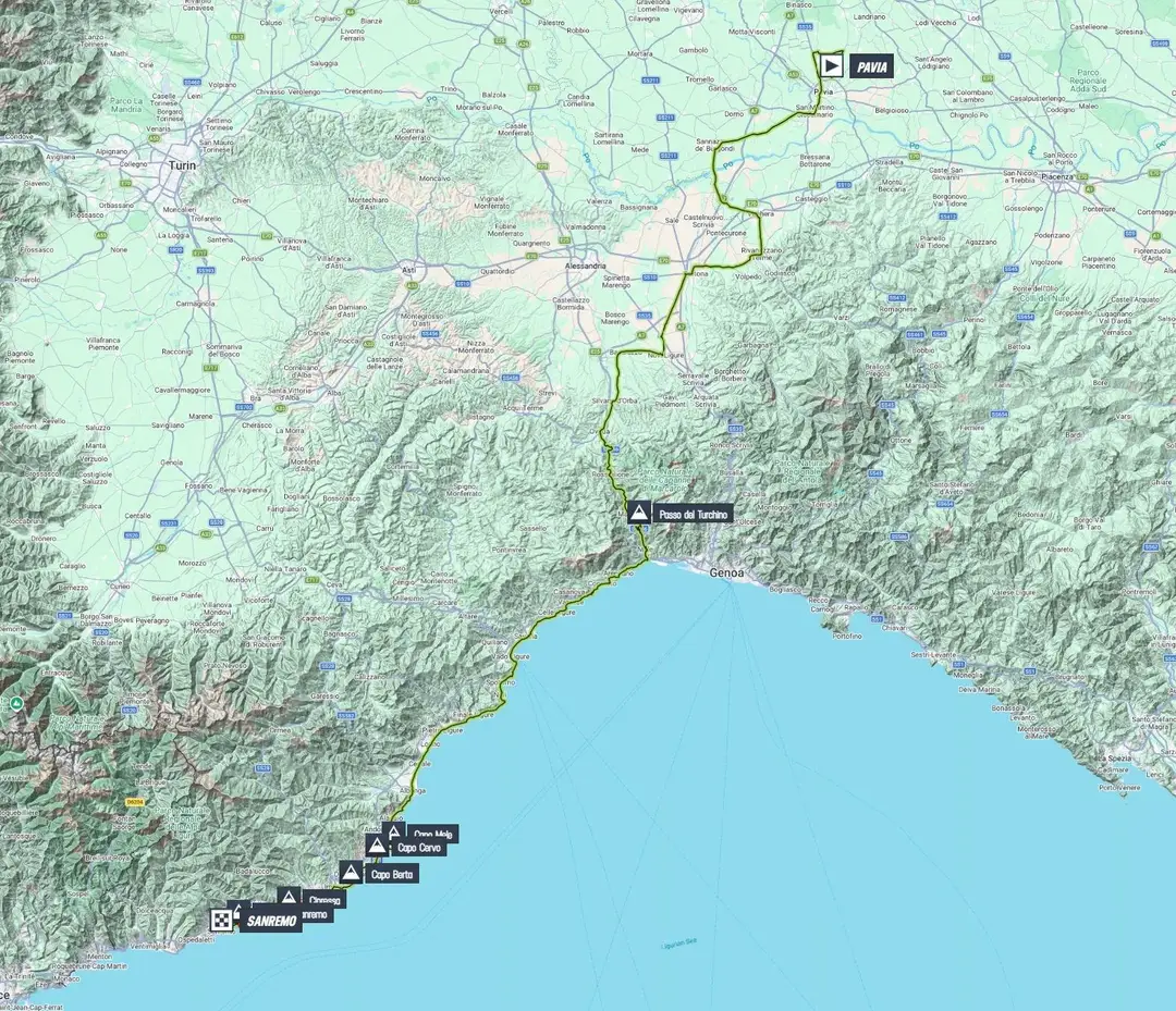 Map of the 2026 Milano-Sanremo