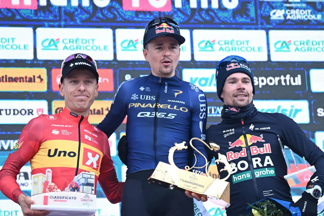 Tobias Johannessen, Tom Pidcock and Primoz Roglic on the final podium of Milano-Torino 2026