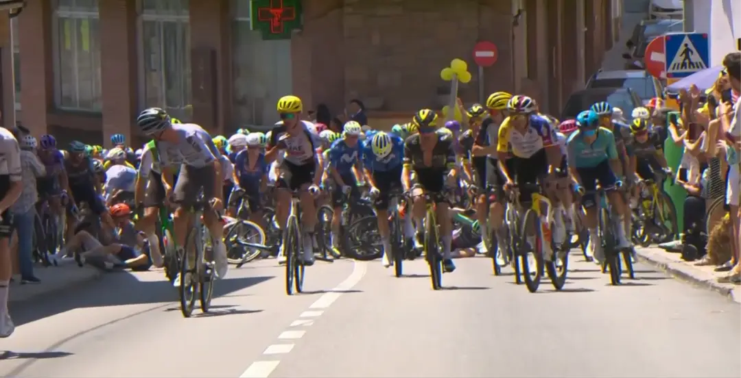 A massive crash at the front of the peloton on the first climb of the day. Bruno Armirail was the first to go down, bringing many riders with him onto the tarmac.