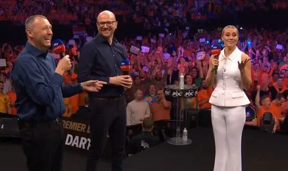 Mardle (L), Mark Webster (M) and Paton (R) on stage at the Premier League Darts&nbsp;