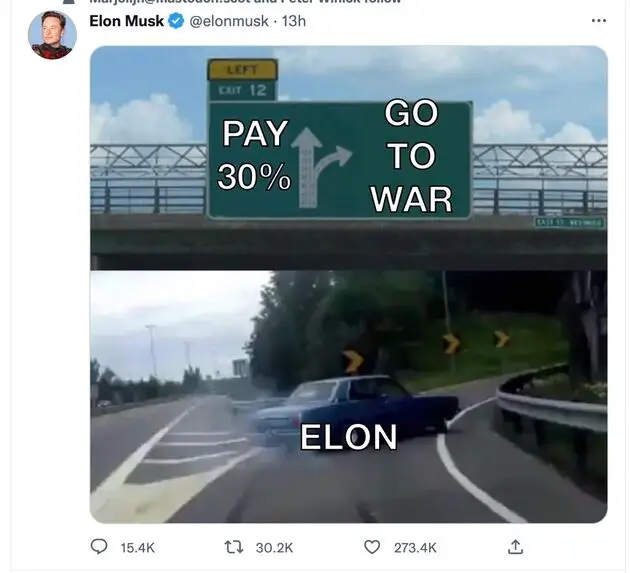 De `oorlogstweet` die Musk inmiddels alweer verwijderd heeft.