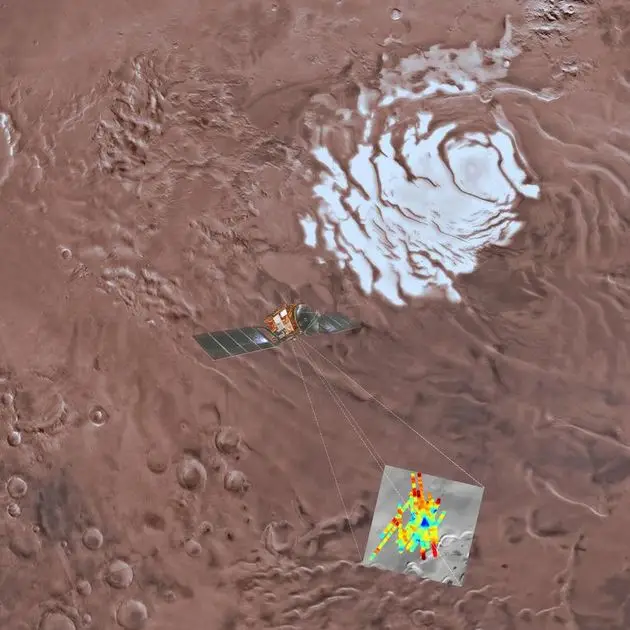 Het donkerblauwe deel suggereert vloeibaar water onder het oppervlak.\u00a9 INAF\/ESA\/USGS