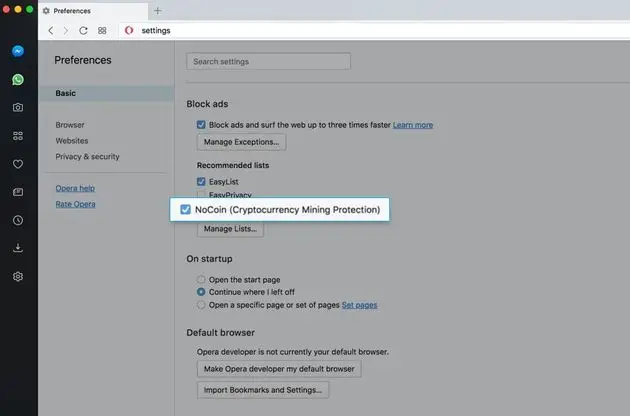 De `NoCoin`-optie in Opera.