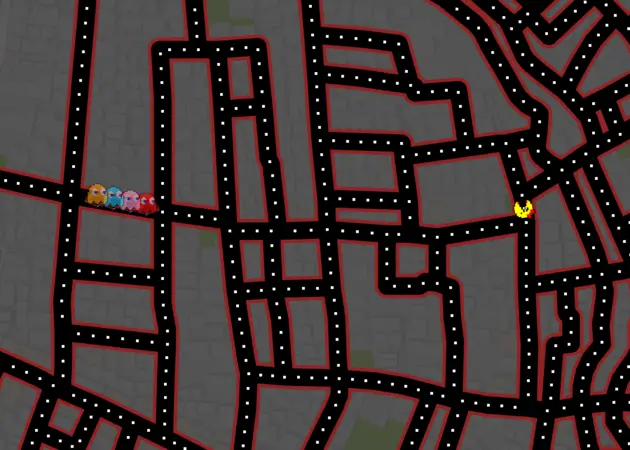 <i>Een van de voorbeelden, pacman spelen in Google Maps.</i>