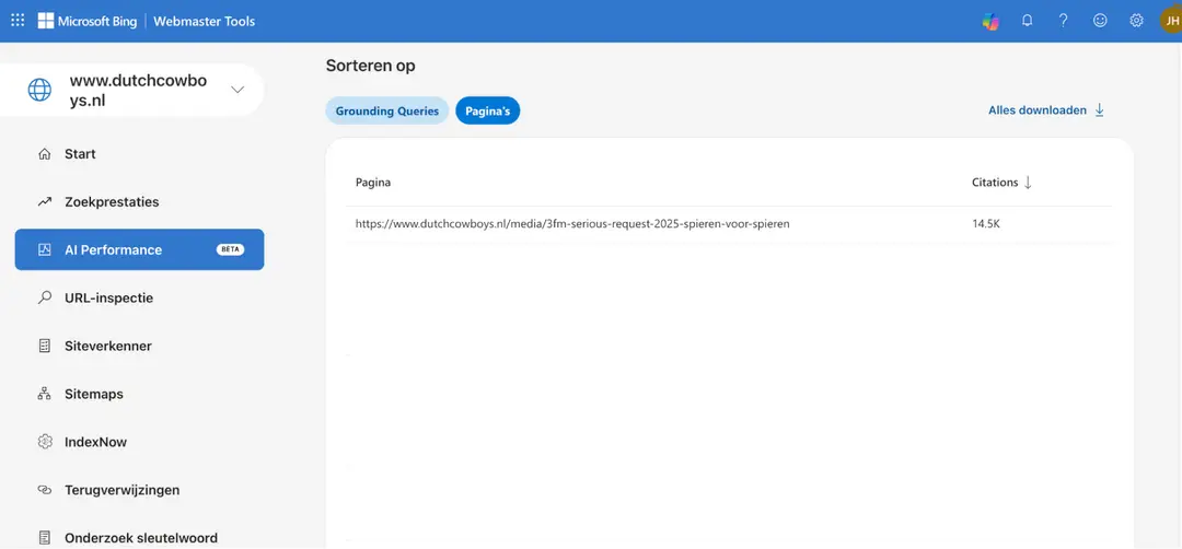 Bing Webmaster Tools AI top pages monitoren