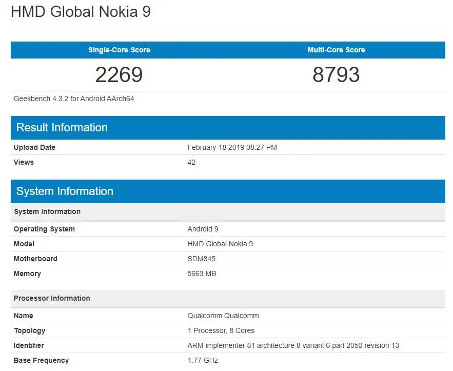 nokia 9 geekbench