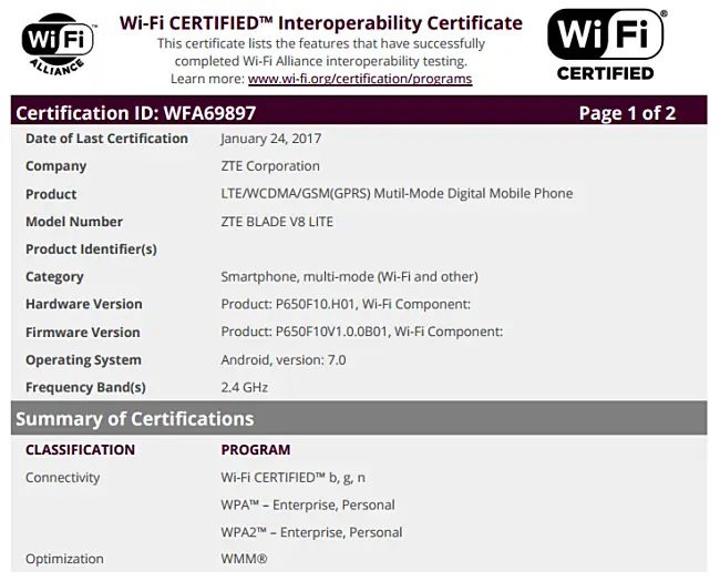 blade v8 lite wifi certification