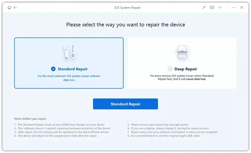 click on standard repair for frozen iphone screen