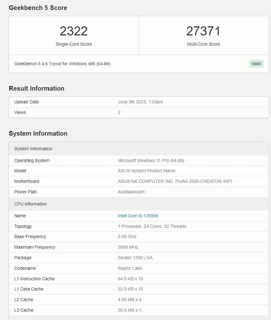 core i9 13900k single core and multi core result
