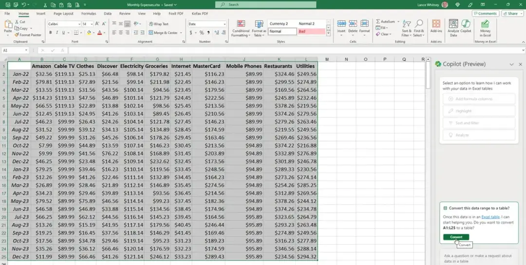 data to table