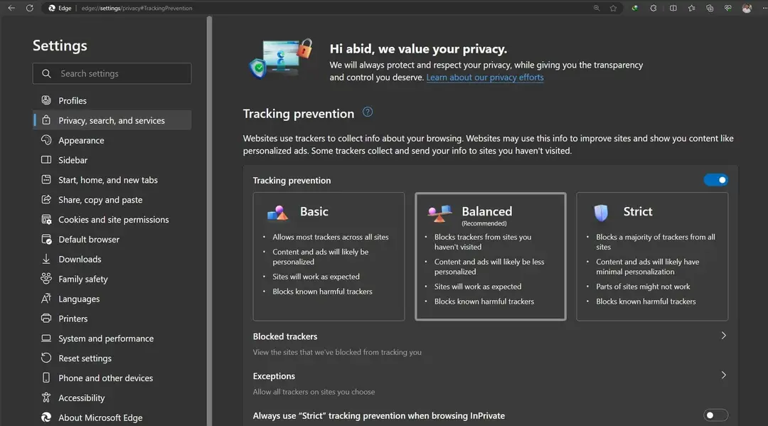 edge privacy settings