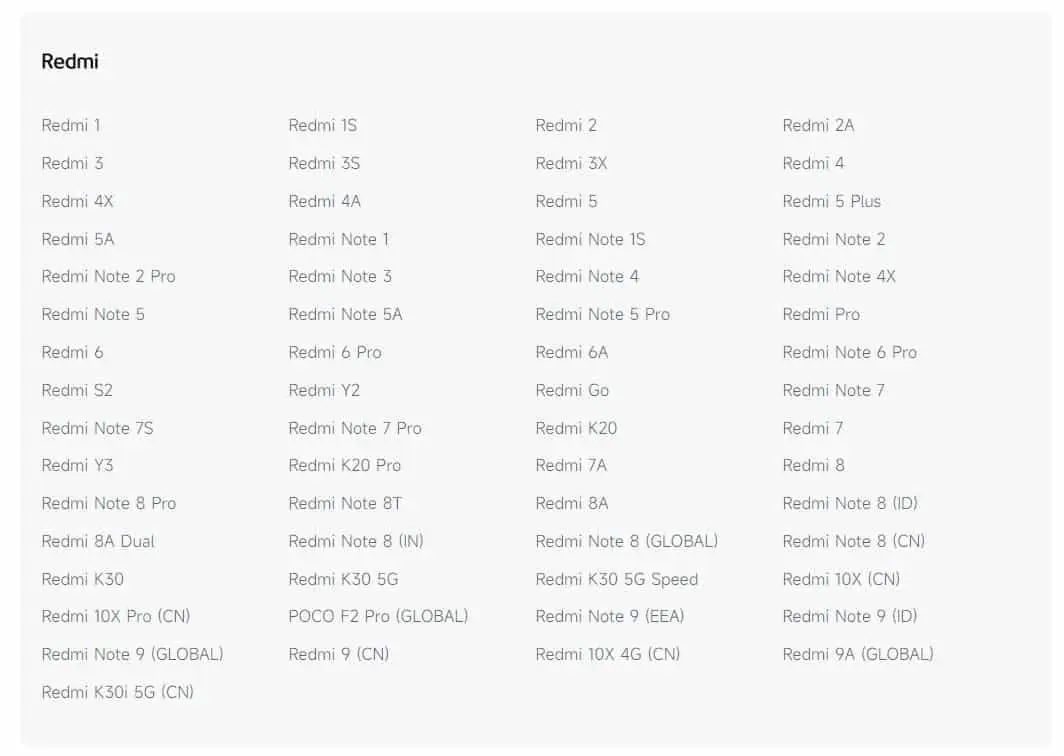 full update list redmi phones