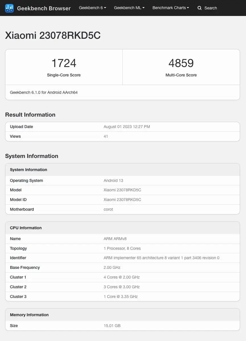 geekbench benchmark of redmi k60 ultra