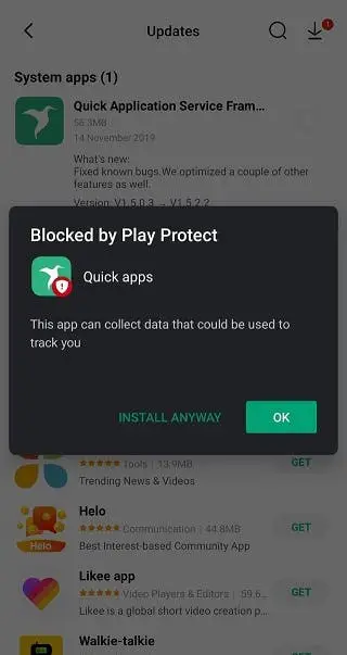 google play protect blocking xiaomi quick apps