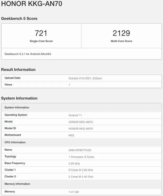 honor x30 max geekbench listing