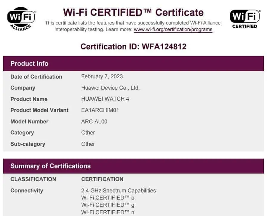 huawei watch 4 certificate wifi