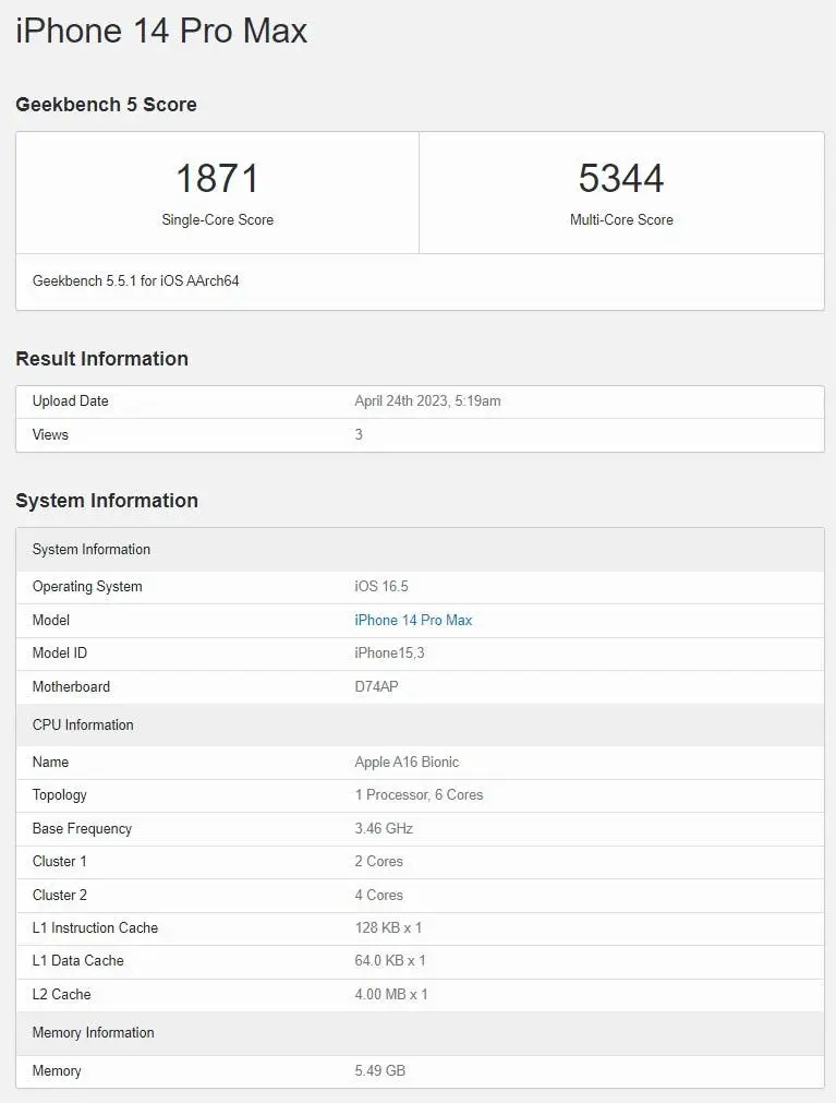 iphone 14 pro max geekbench 5