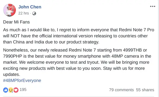 john chen redmi note 7 pro comment
