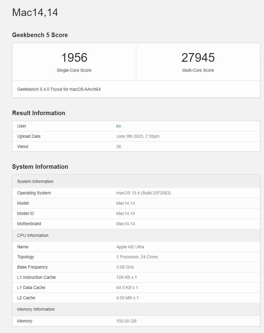 m2 ultra geekbench 5 single core and multi core scores