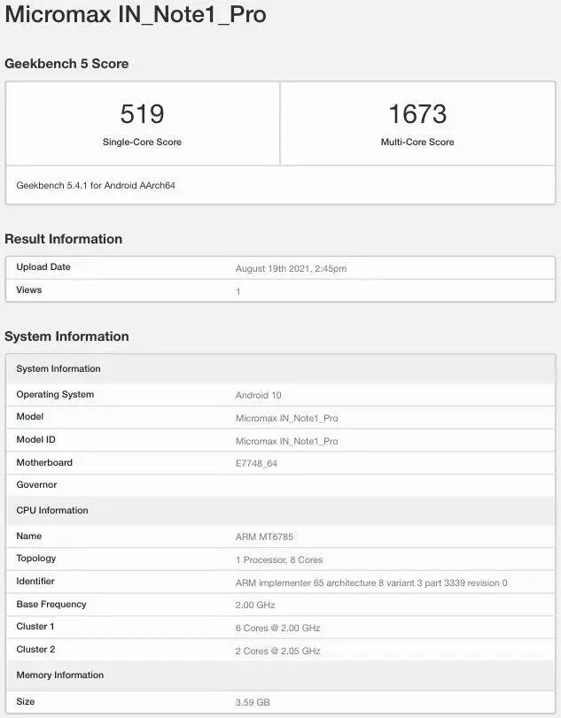 micromax in note1 pro geekbench 1