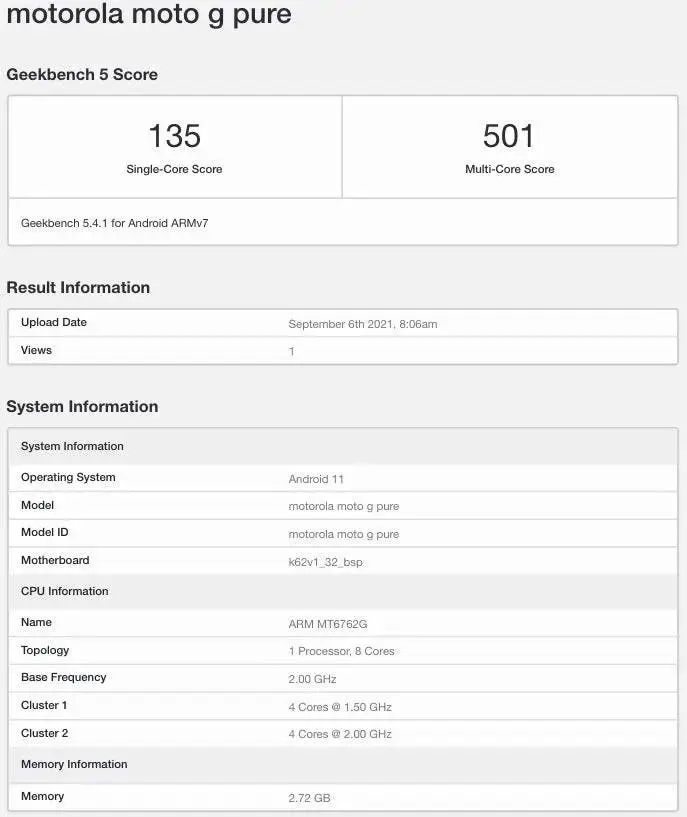 moto g pure geekbench