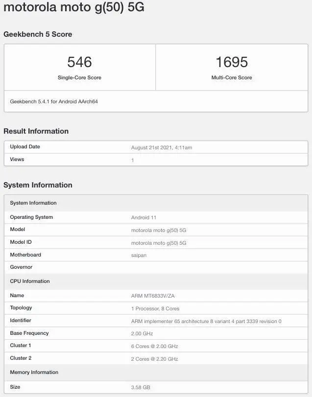 motorola moto g50 5g geekbench