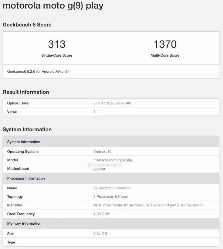 motorola moto g9 play geekbench