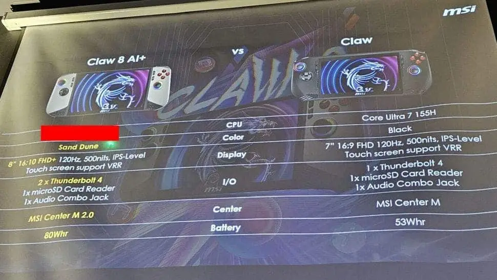 msi claw ai 8 gaming handheld comparison