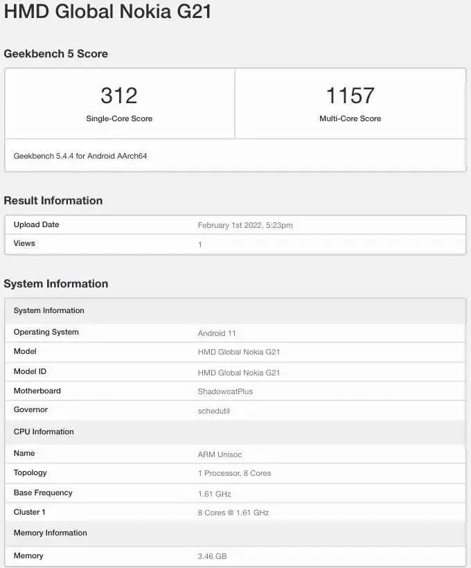 nokia g21 geekbench listing