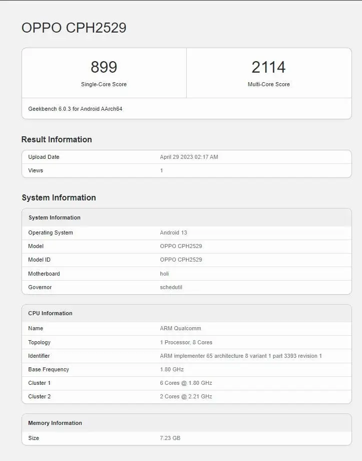 oppo a98 5g geekbench score