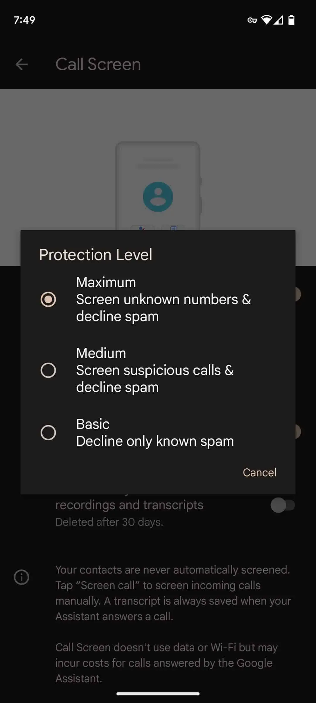 pixel call screen protection level sub menu