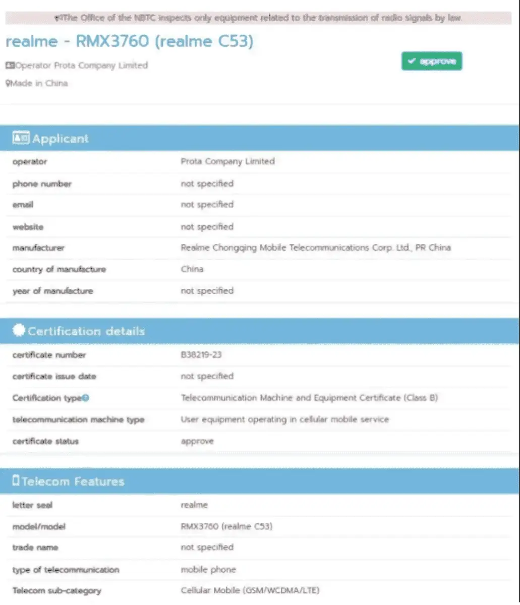 realme c53 spotted on ntbc