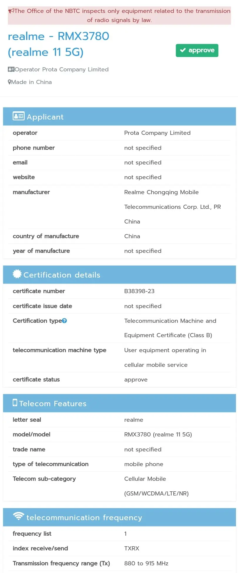 realme rmx3780 nbtc