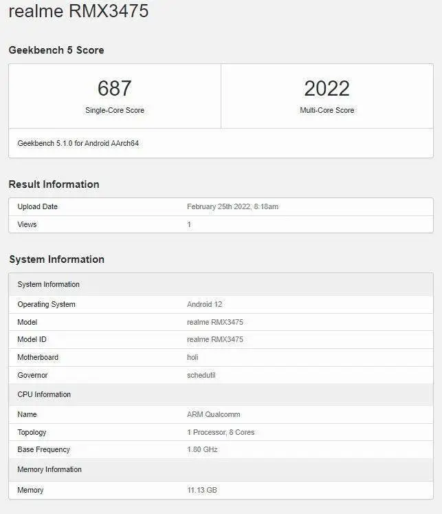 realme v25 geekbench listing