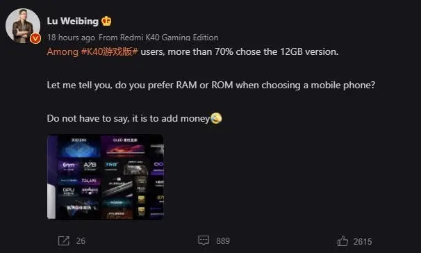 redmi k40 gaming edition 12gb ra
