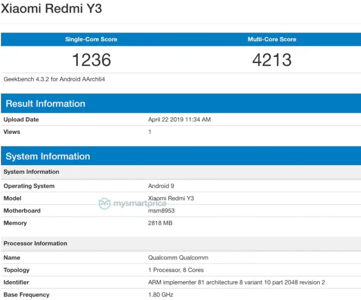 redmi y3 geekbench