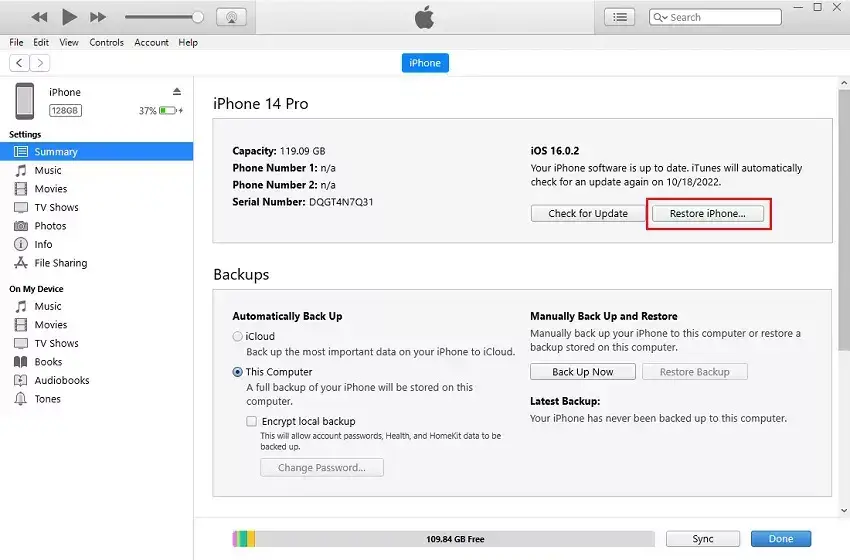 restoring backup with itunes