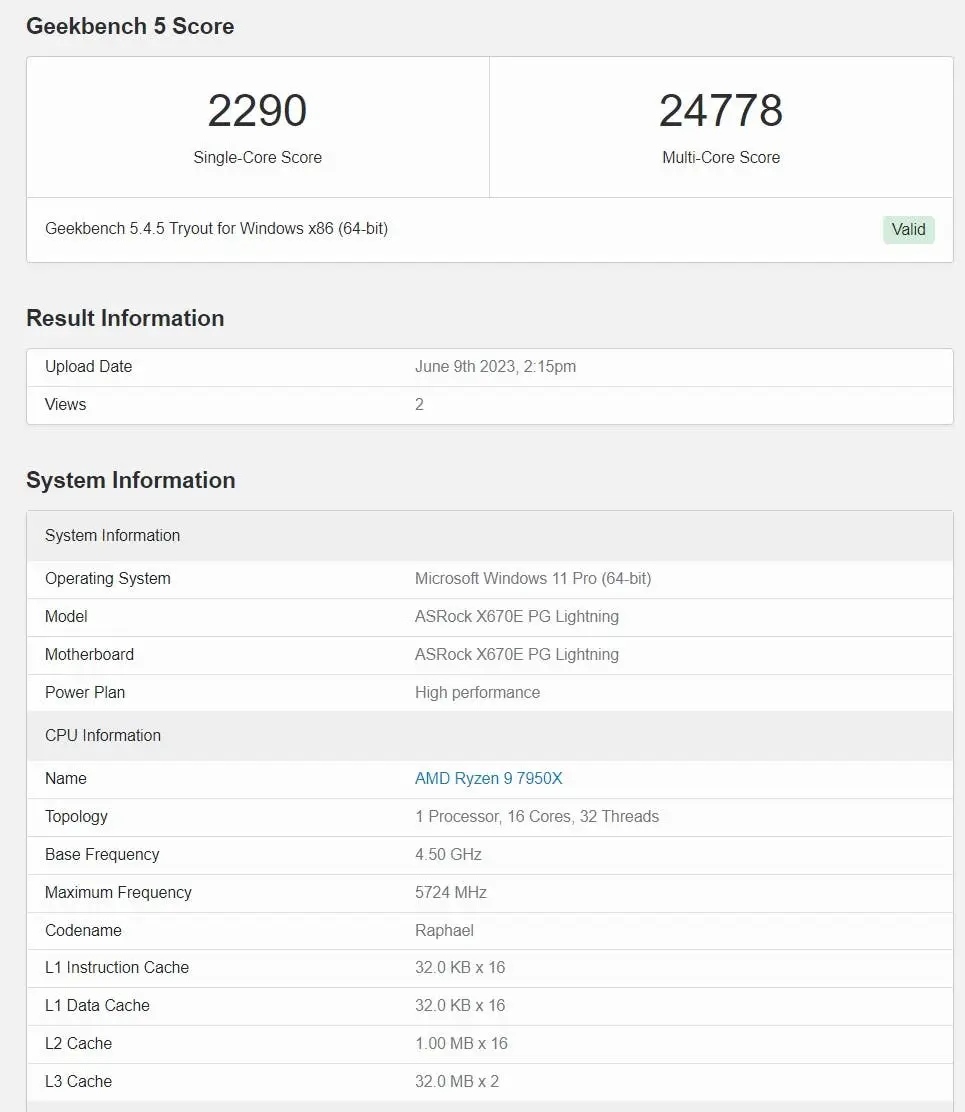 ryzen 9 7950x single core and multi core score