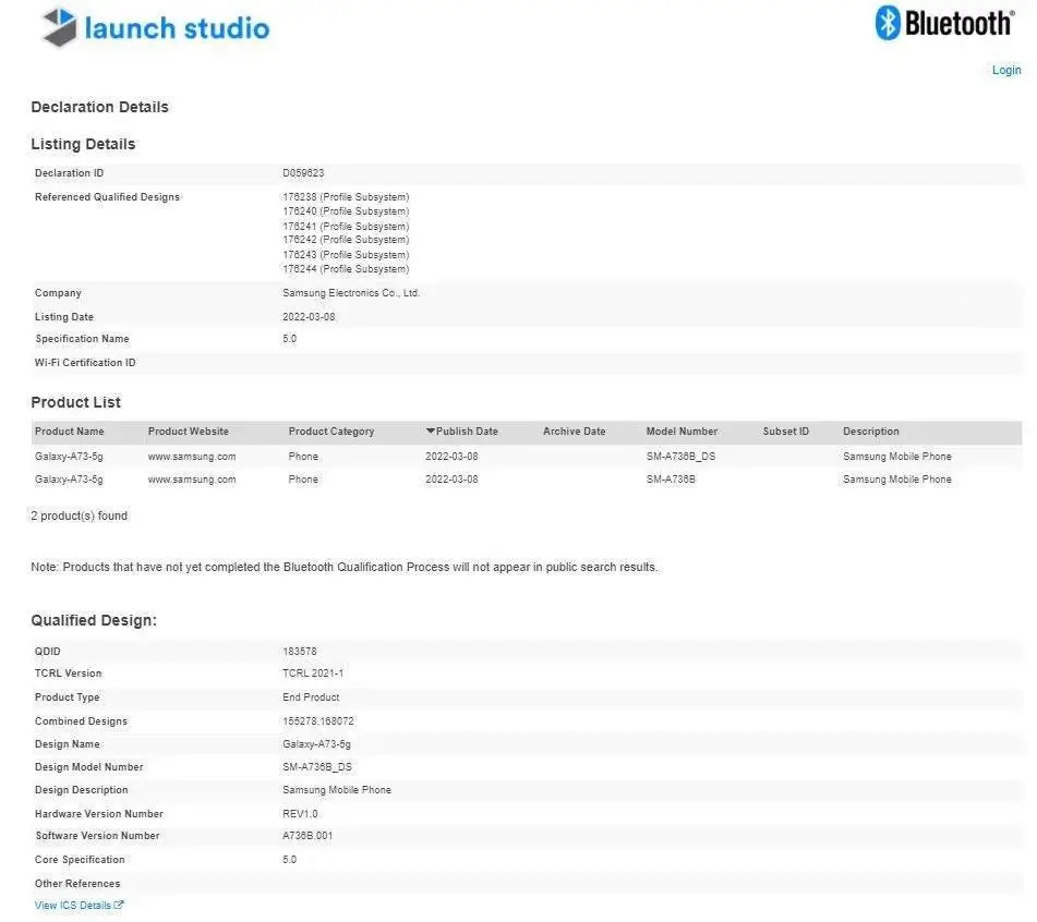 samsung galaxy a73 5g bluetooth sig database