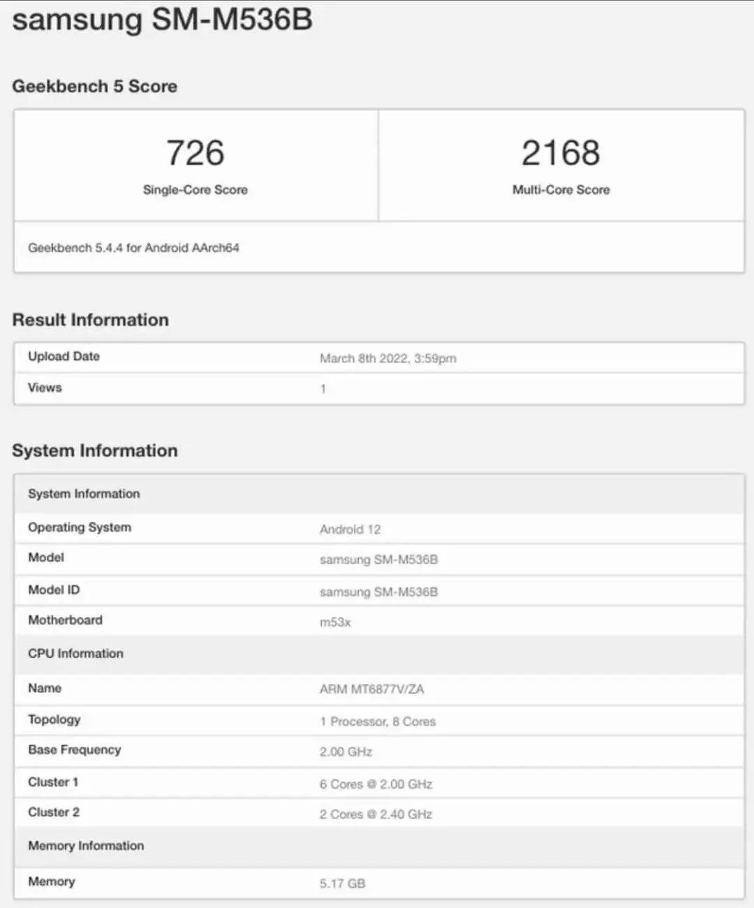 samsung galaxy m53 geekbench
