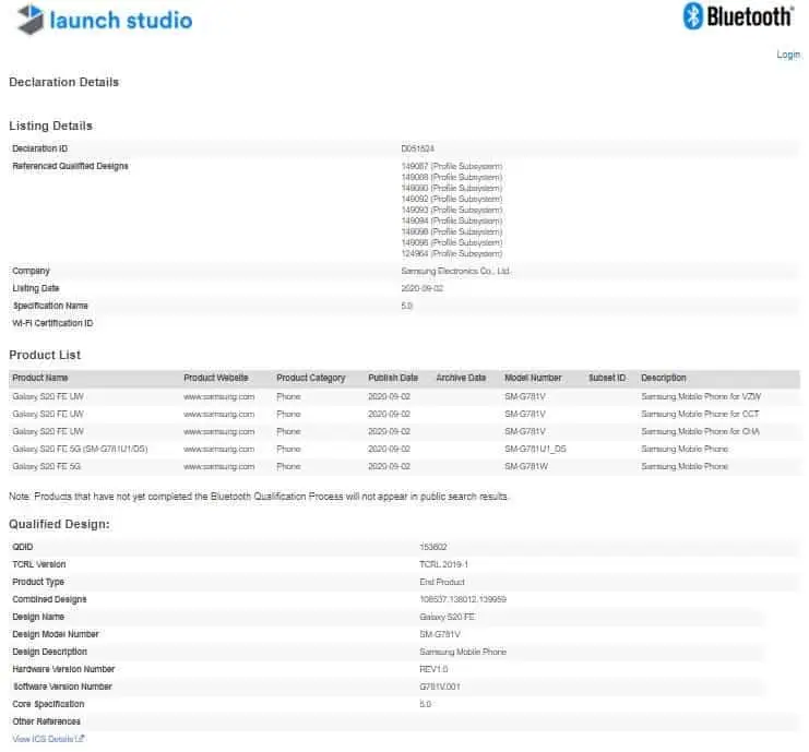 samsung galaxy s20 fe bluetooth sig