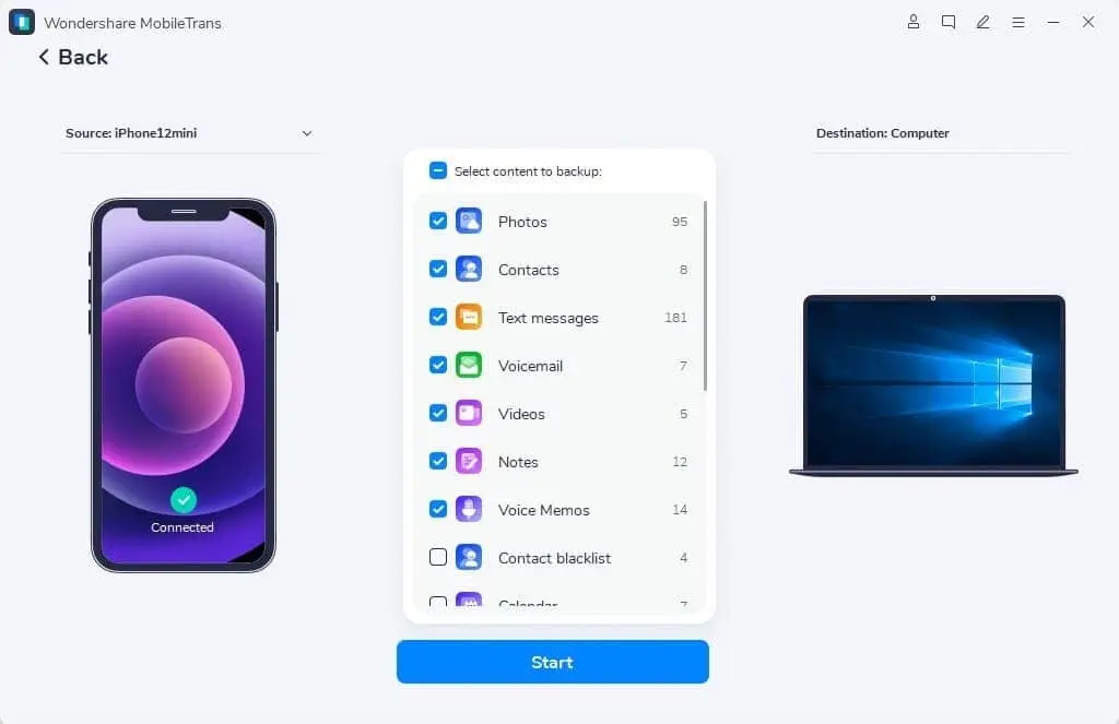 select data to back up