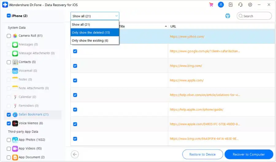 select files to recover