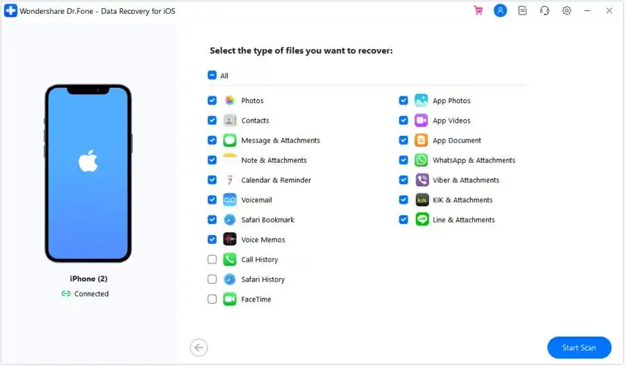 select the type of data to recover with drfone