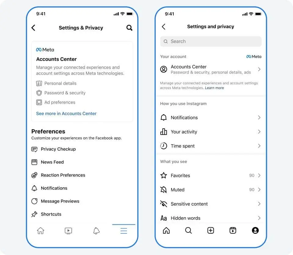 settings and privacy on instagram and facebook