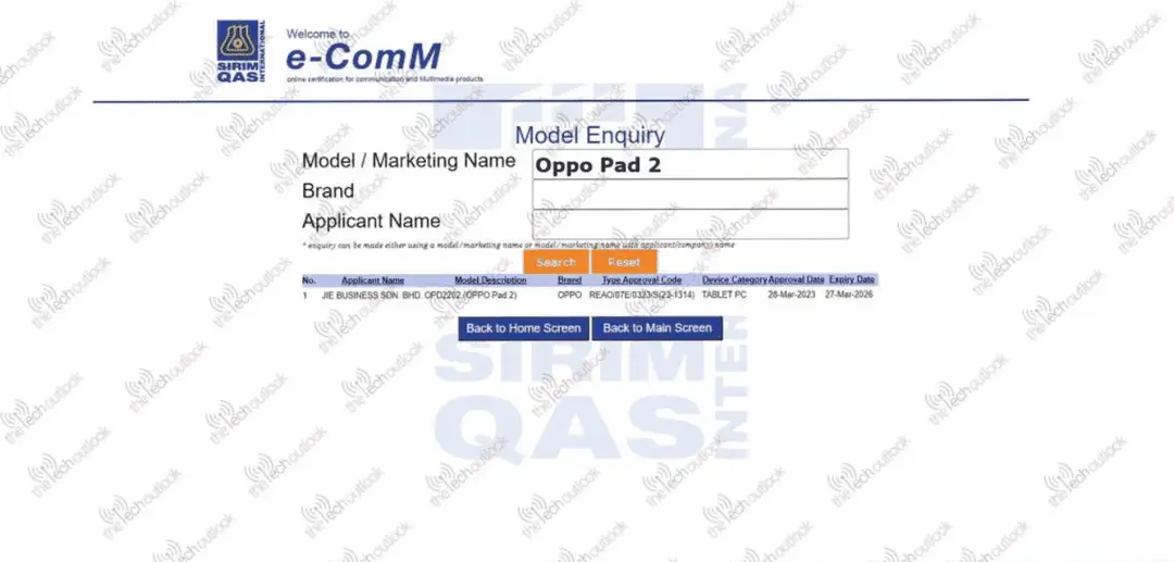 sirim database oppo pad 2 listing